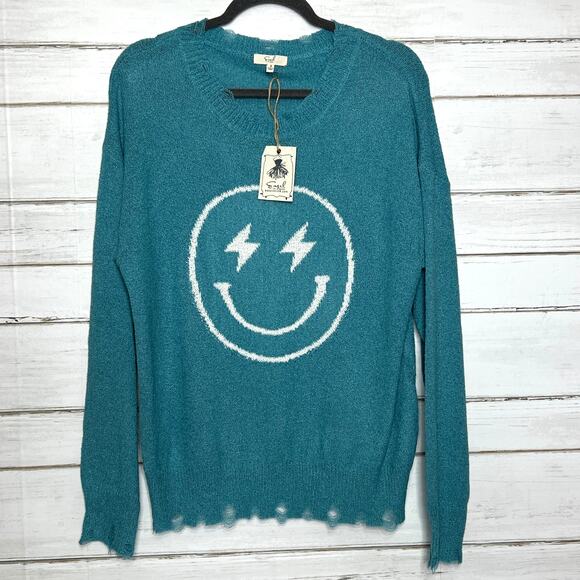 Easel Smiley Lightning Bolt Blue Sweater Women’s Small Lightweight Knit - Picture 1 of 10